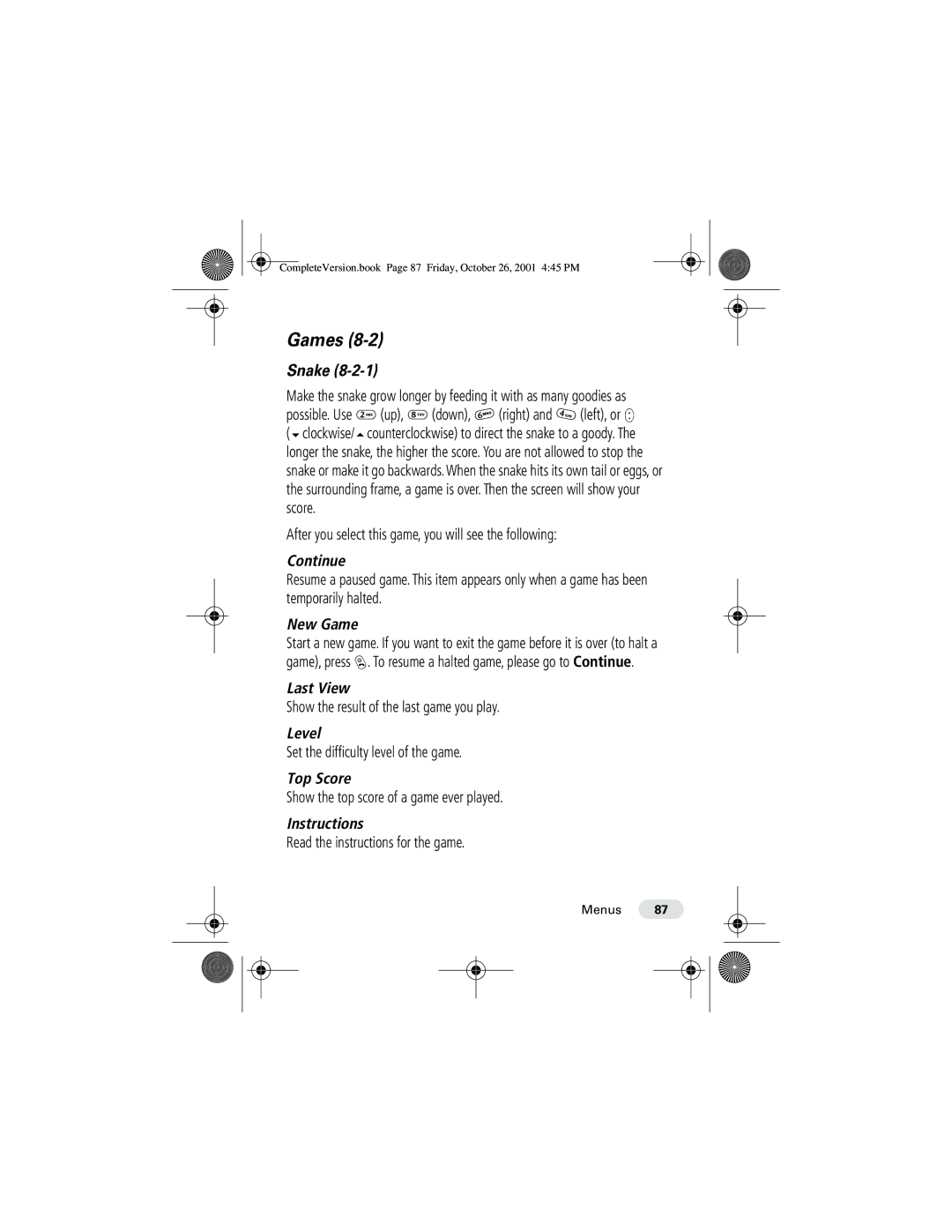 Motorola T190 manual Games, Snake 