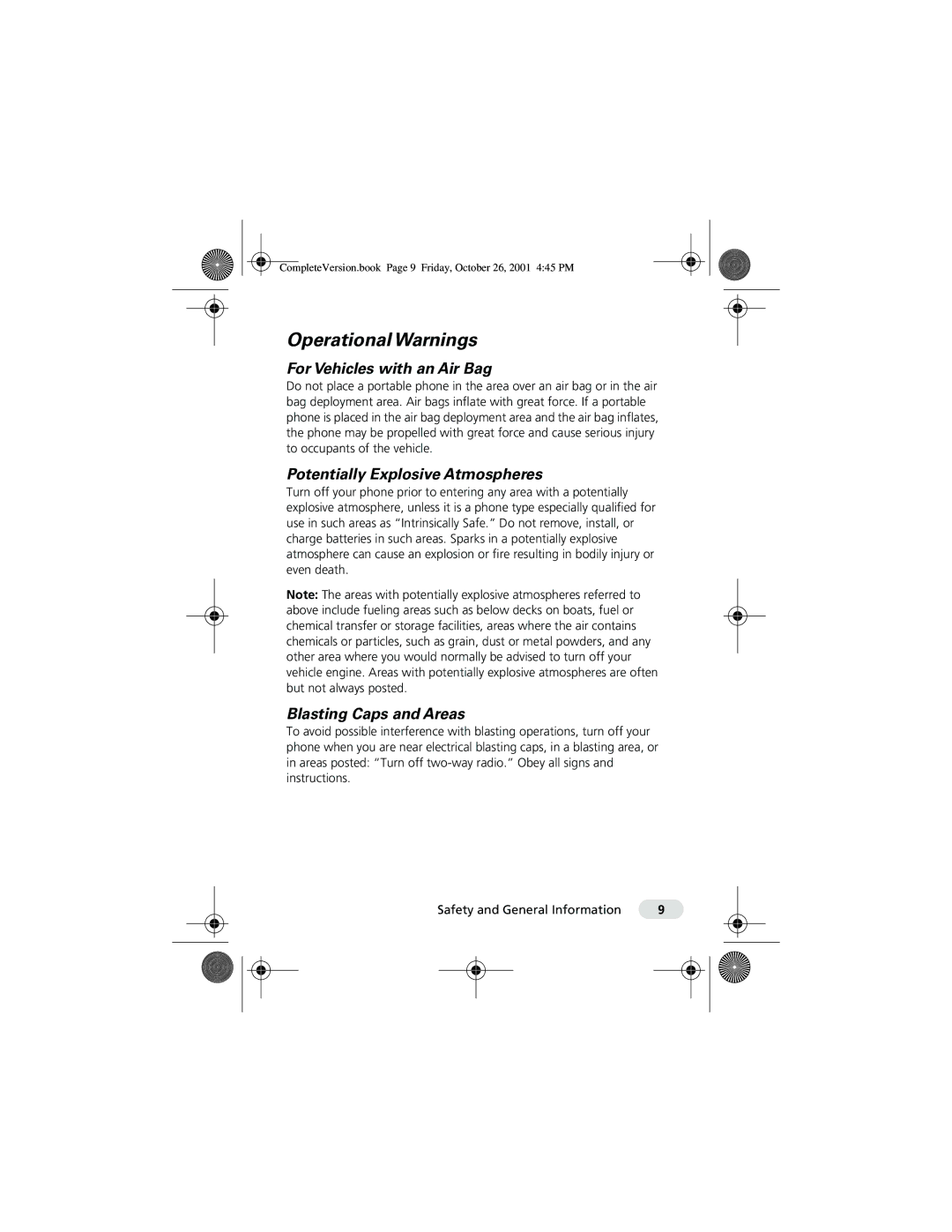 Motorola T190 manual Operational Warnings, For Vehicles with an Air Bag, Potentially Explosive Atmospheres 