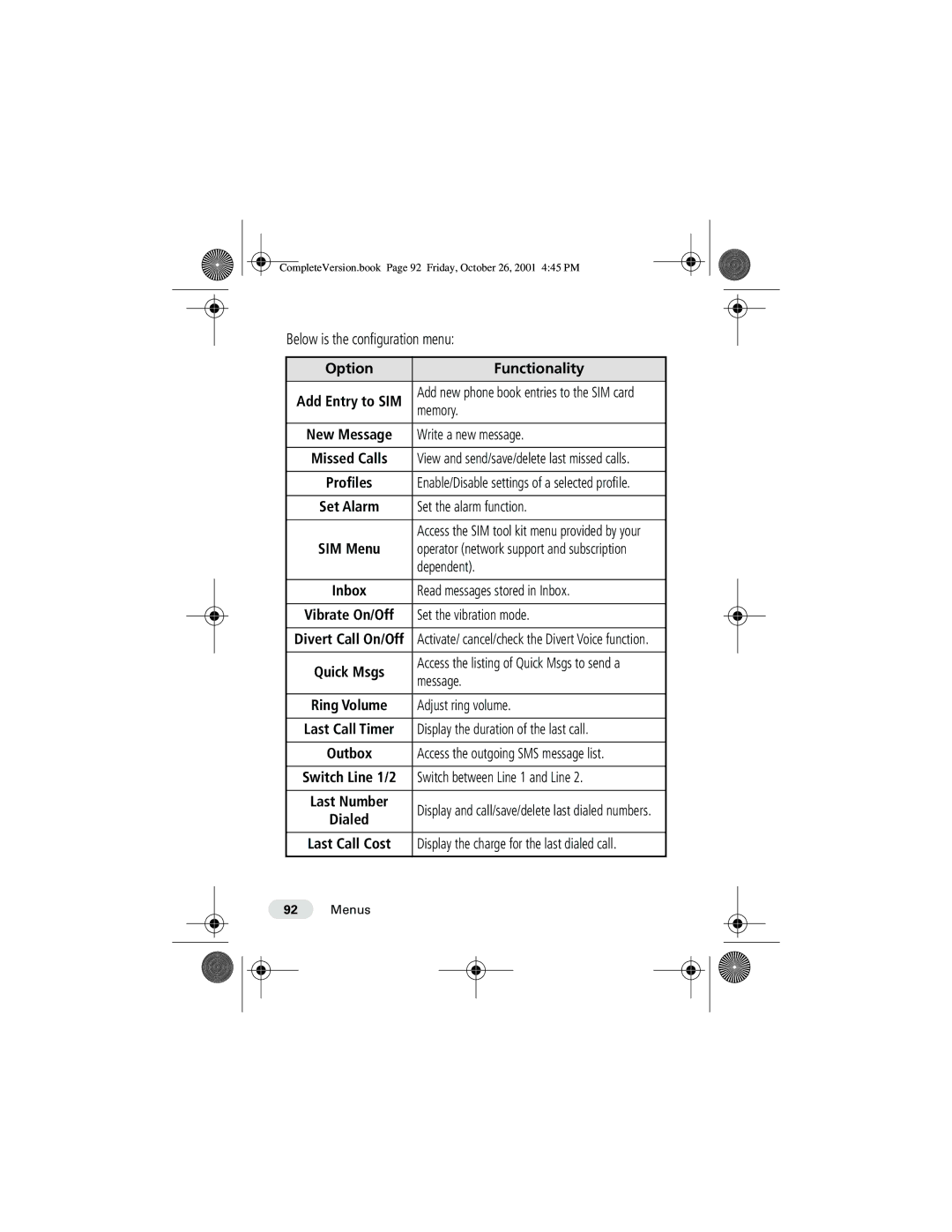 Motorola T190 Option Functionality, Memory, Write a new message, Set the alarm function, Dependent, Set the vibration mode 