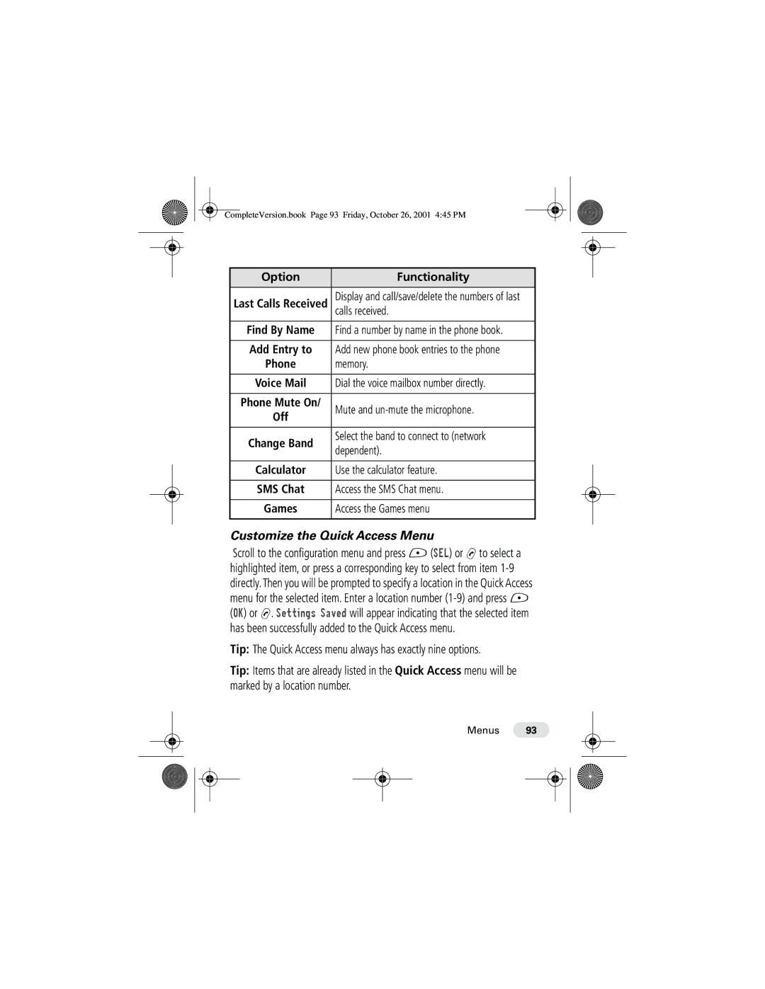 Motorola T190 manual Customize the Quick Access Menu 