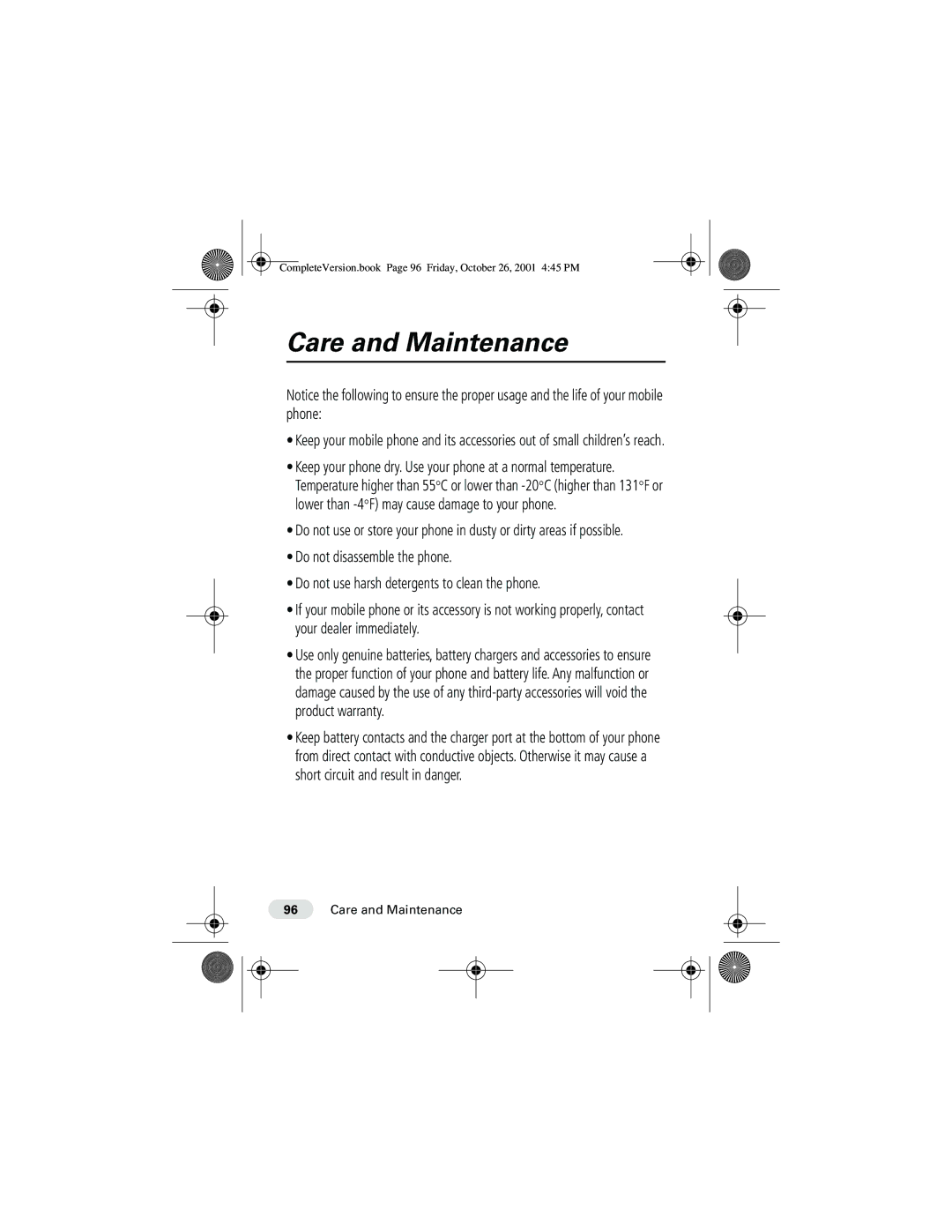 Motorola T190 manual Care and Maintenance 