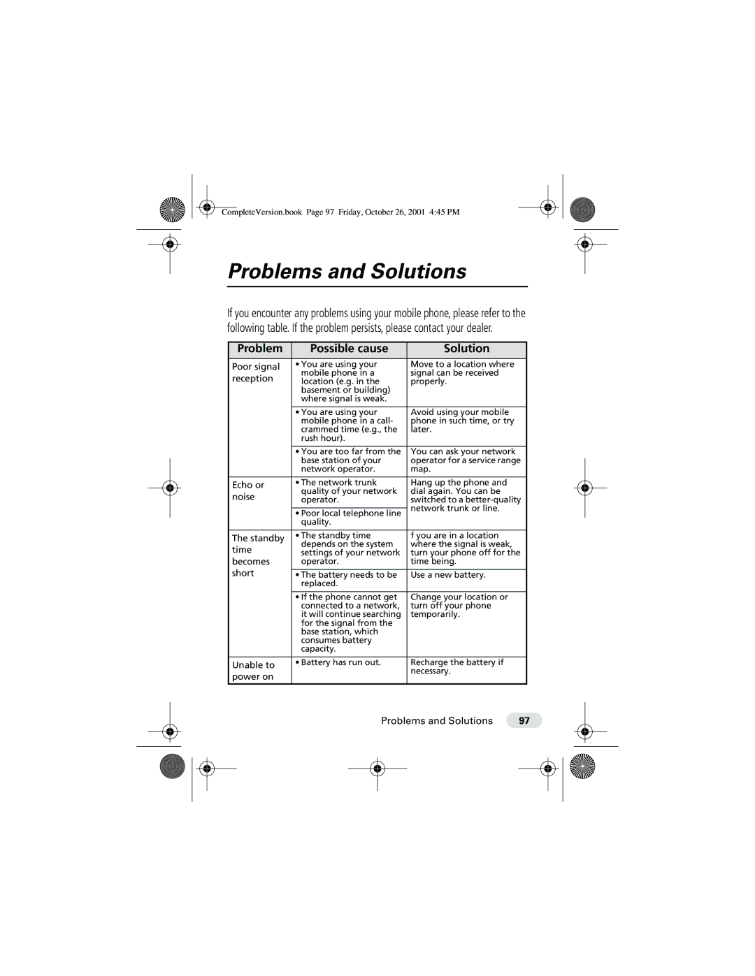 Motorola T190 manual Problems and Solutions, Problem Possible cause Solution 