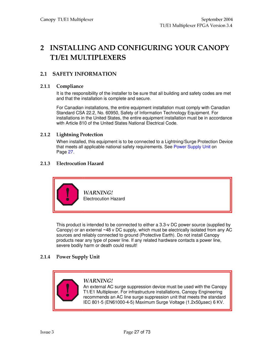 Motorola T1/E1 manual Safety Information, Compliance, Lightning Protection, Electrocution Hazard, Power Supply Unit 