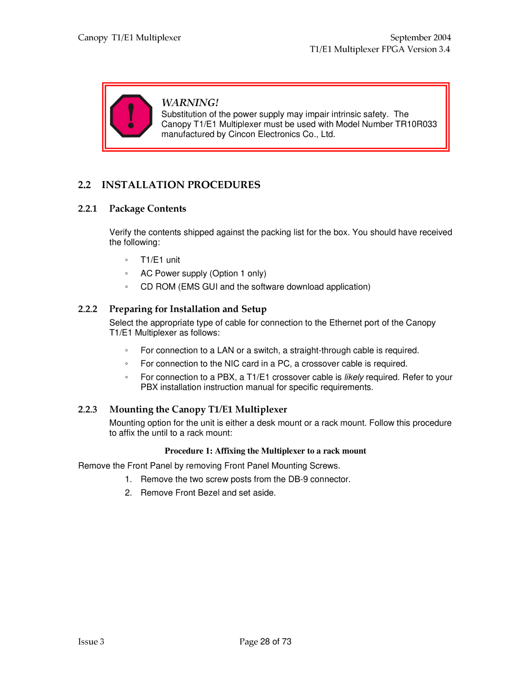 Motorola T1/E1 manual Installation Procedures, Package Contents, Preparing for Installation and Setup 