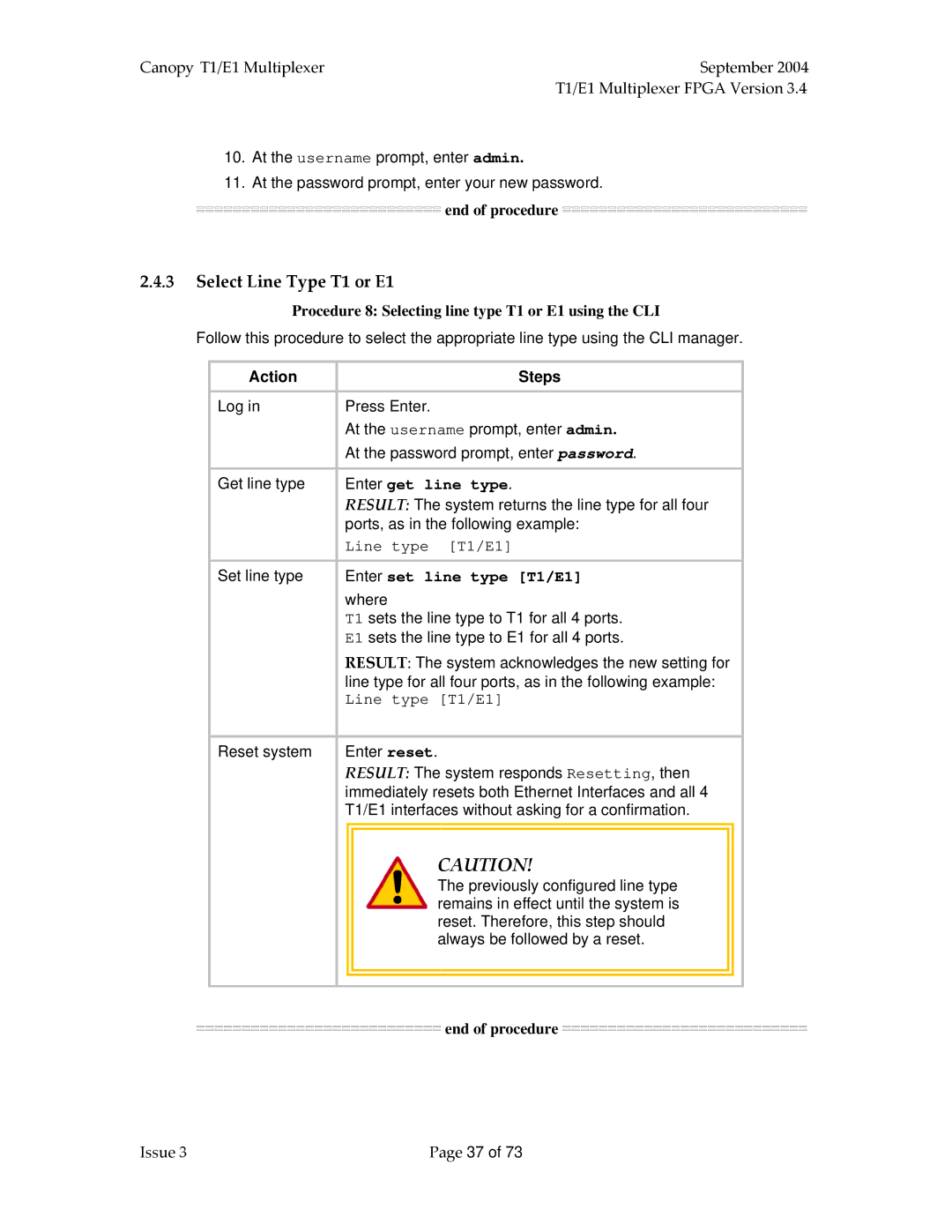 Motorola T1/E1 manual Select Line Type T1 or E1, Procedure 8 Selecting line type T1 or E1 using the CLI, Action Steps 