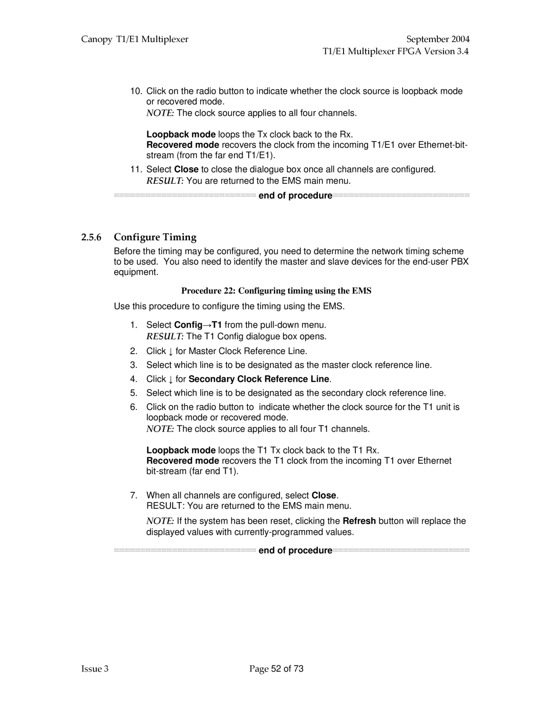 Motorola T1/E1 manual Configure Timing, Procedure 22 Configuring timing using the EMS 