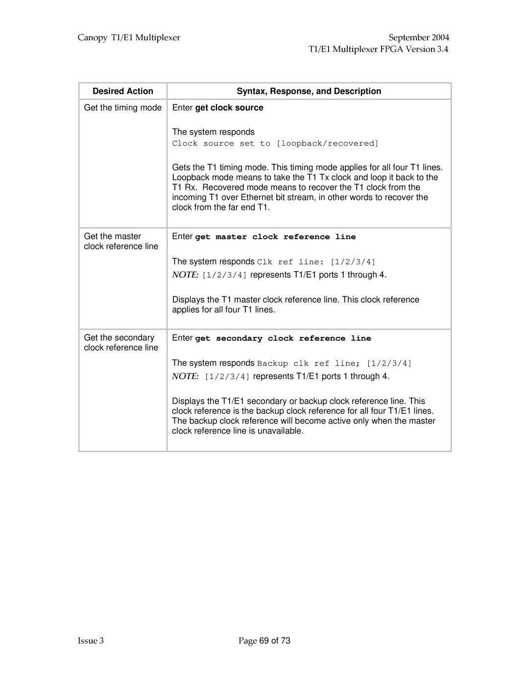 Motorola T1/E1 Enter get clock source, Enter get master clock reference line, Enter get secondary clock reference line 