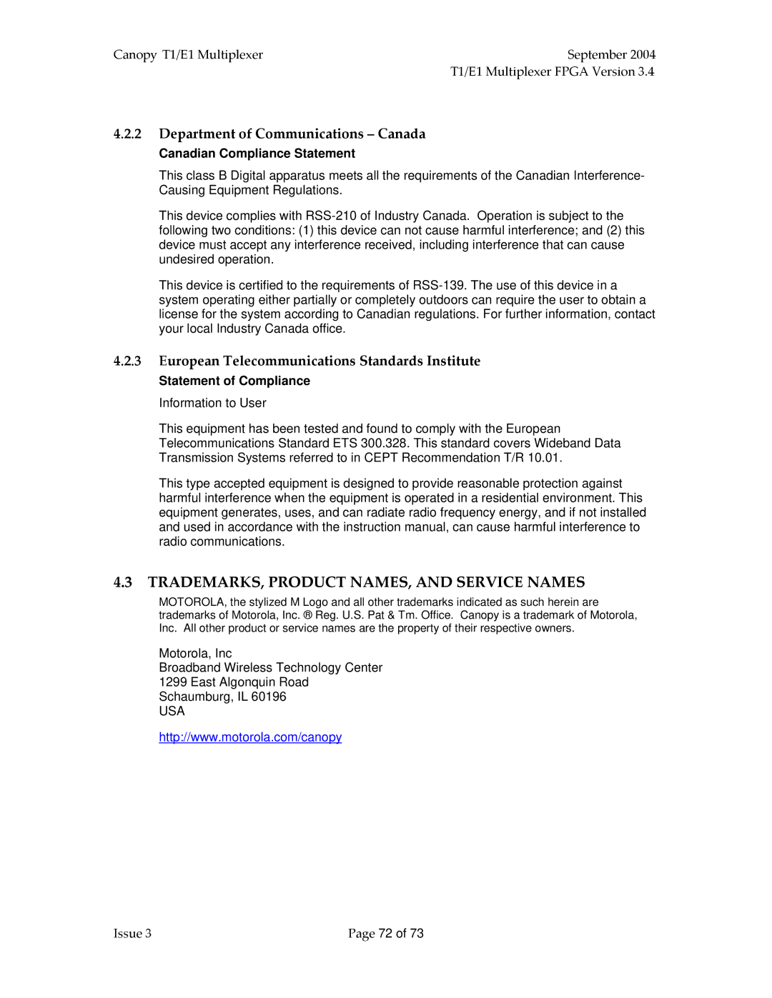 Motorola T1/E1 manual TRADEMARKS, Product NAMES, and Service Names, Department of Communications Canada 