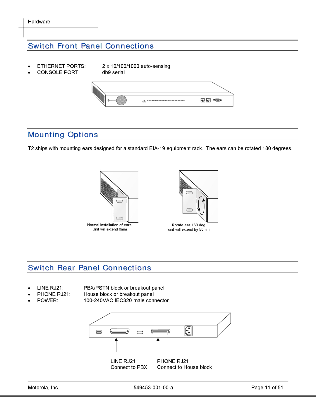 Motorola 45101, T2-2500 manual Switch Front Panel Connections, Mounting Options, Switch Rear Panel Connections 