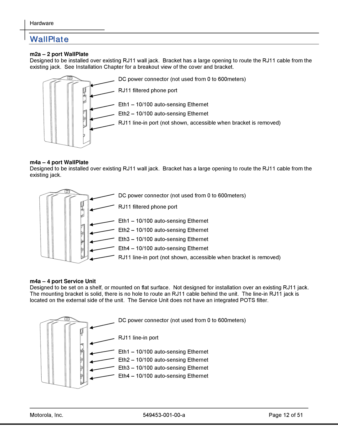 Motorola T2-2500, 45101 manual M2a 2 port WallPlate, M4a 4 port WallPlate, M4a 4 port Service Unit 