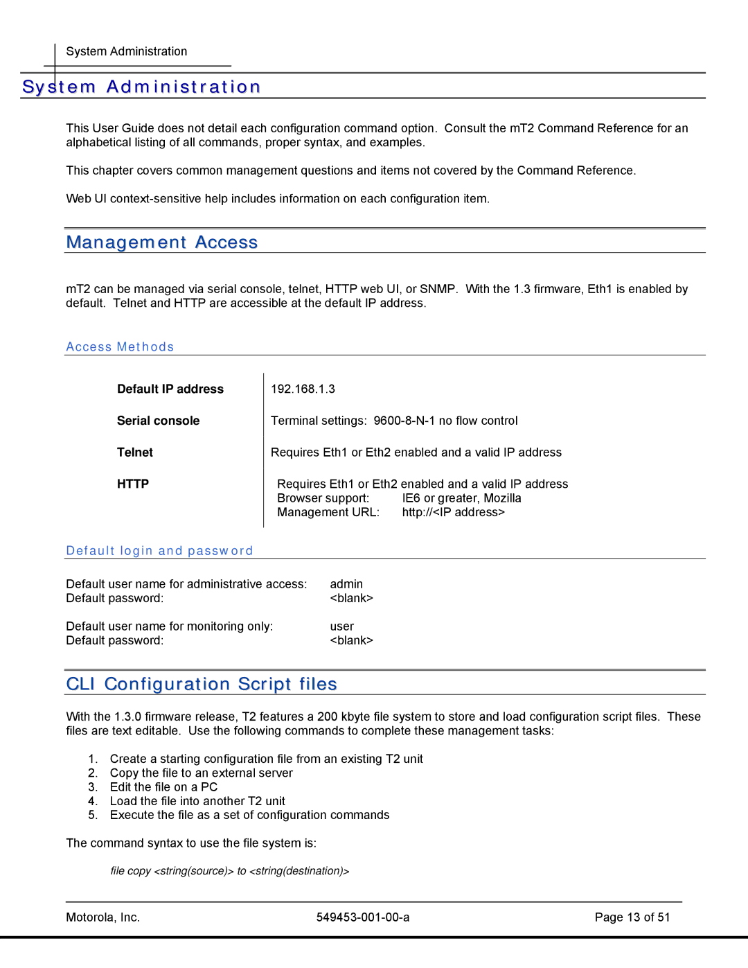 Motorola 45101, T2-2500 manual System Administration, Management Access, CLI Configuration Script files, Access Methods 