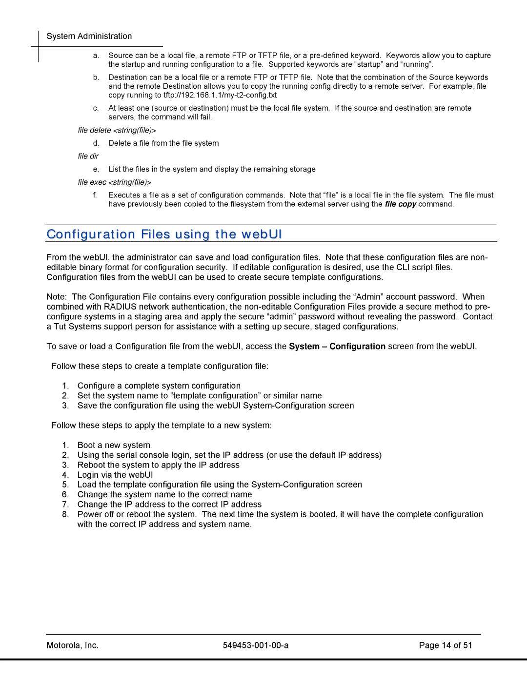 Motorola T2-2500, 45101 manual Configuration Files using the webUI, File dir 