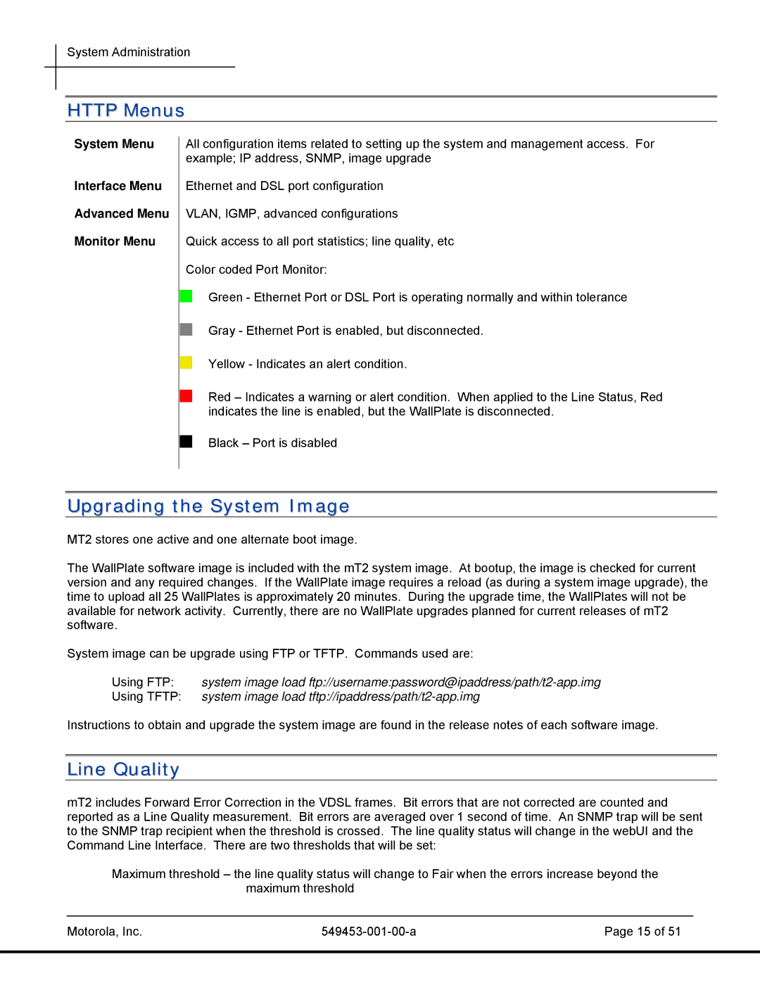 Motorola 45101 Http Menus, Upgrading the System Image, Line Quality, System Menu Interface Menu Advanced Menu Monitor Menu 