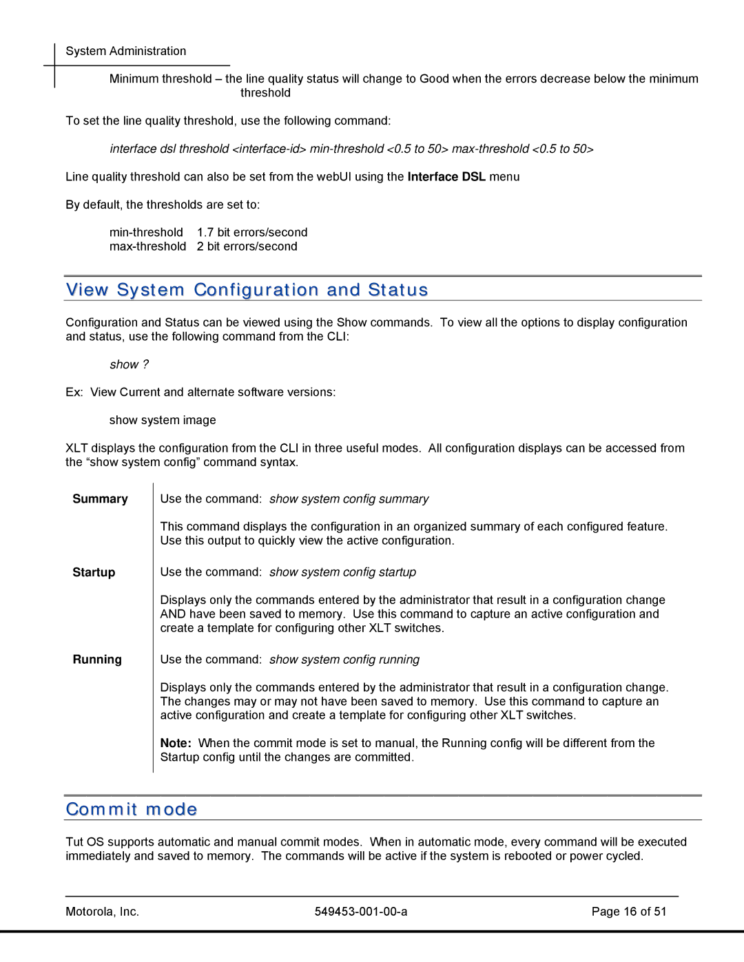 Motorola T2-2500, 45101 manual View System Configuration and Status, Commit mode, Summary Startup Running 