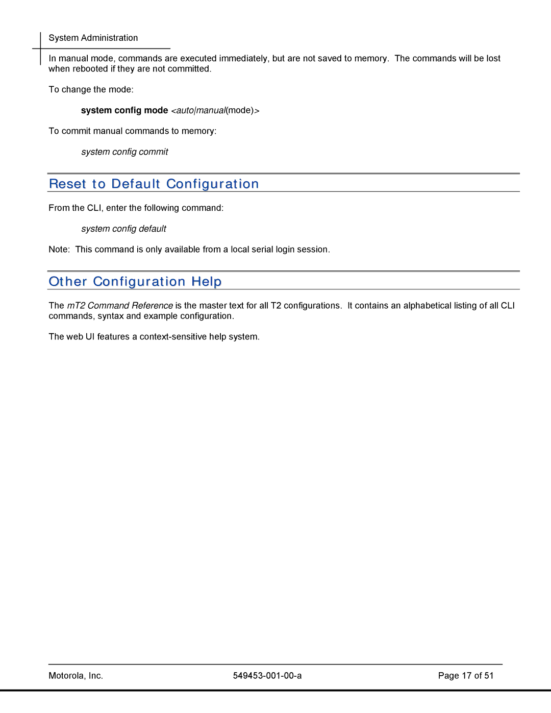 Motorola 45101, T2-2500 Reset to Default Configuration, Other Configuration Help, System config mode automanualmode 