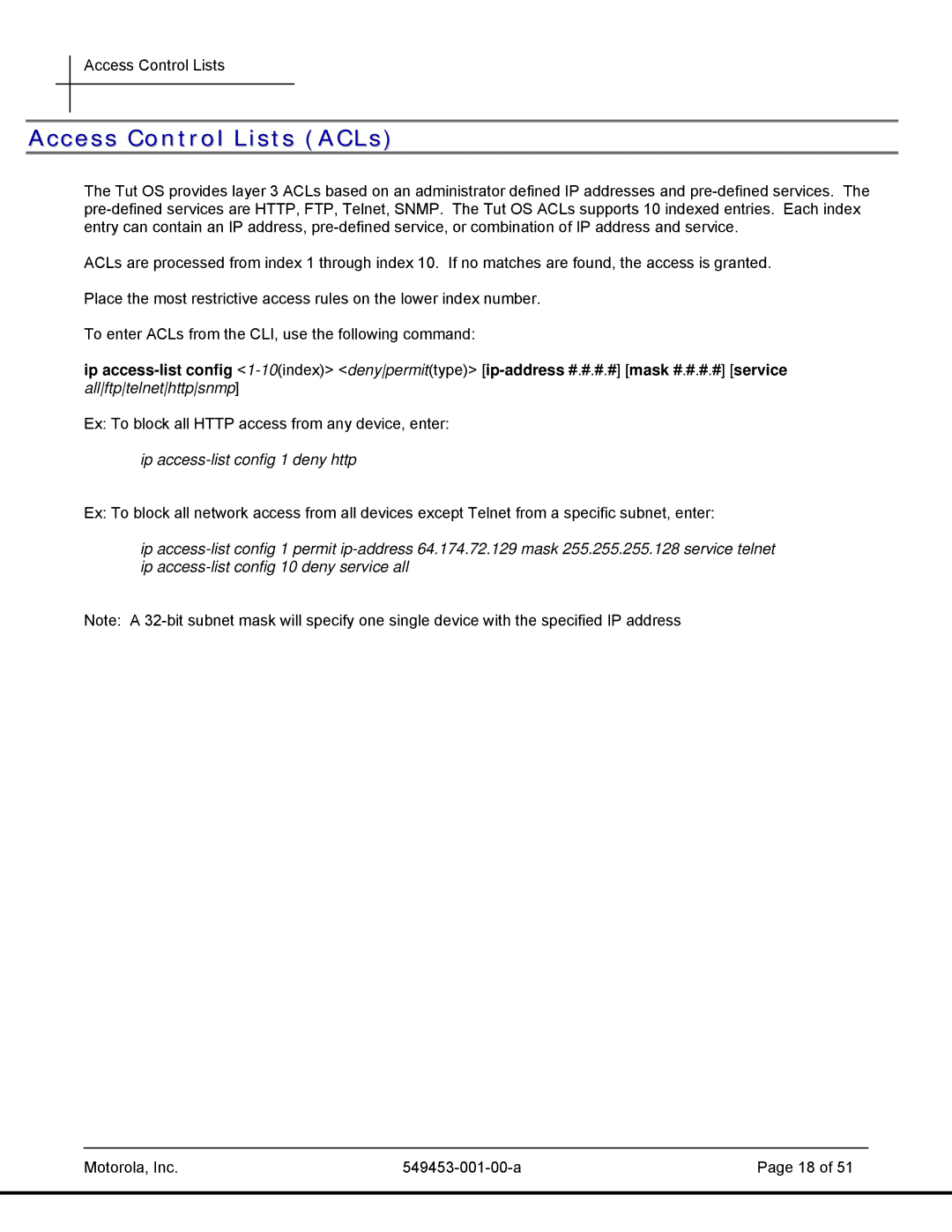 Motorola T2-2500, 45101 manual Access Control Lists ACLs, Ip access-list config 1 deny http 