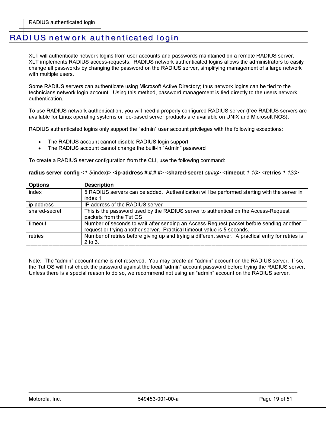 Motorola 45101, T2-2500 manual Radius network authenticated login 