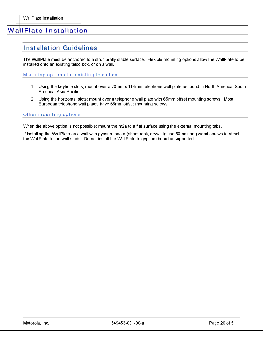 Motorola T2-2500, 45101 manual WallPlate Installation, Installation Guidelines, Mounting options for existing telco box 