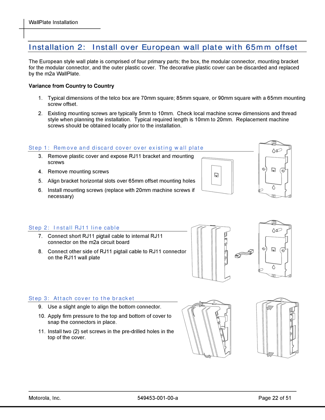 Motorola T2-2500, 45101 manual Variance from Country to Country, Remove and discard cover over existing wall plate 