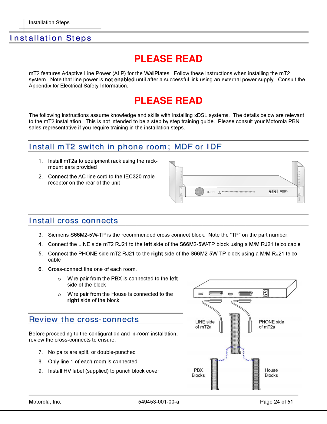 Motorola T2-2500, 45101 manual Installation Steps, Install mT2 switch in phone room MDF or IDF, Install cross connects 