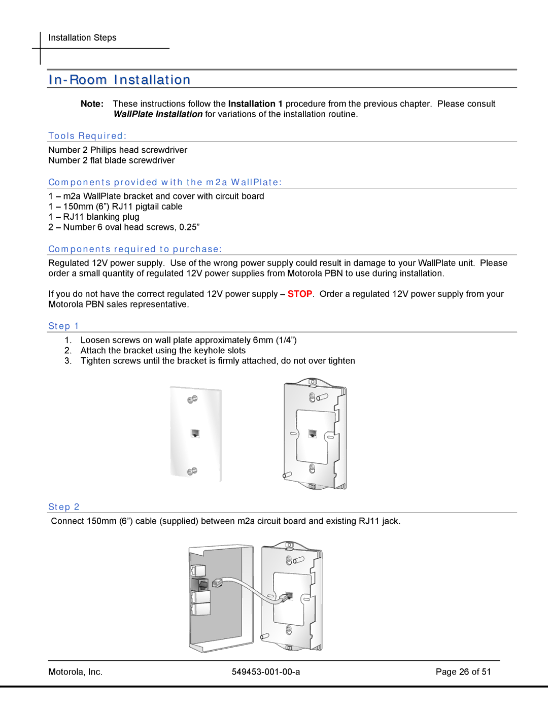 Motorola T2-2500, 45101 manual In-Room Installation, Tools Required, Components provided with the m2a WallPlate, Step 