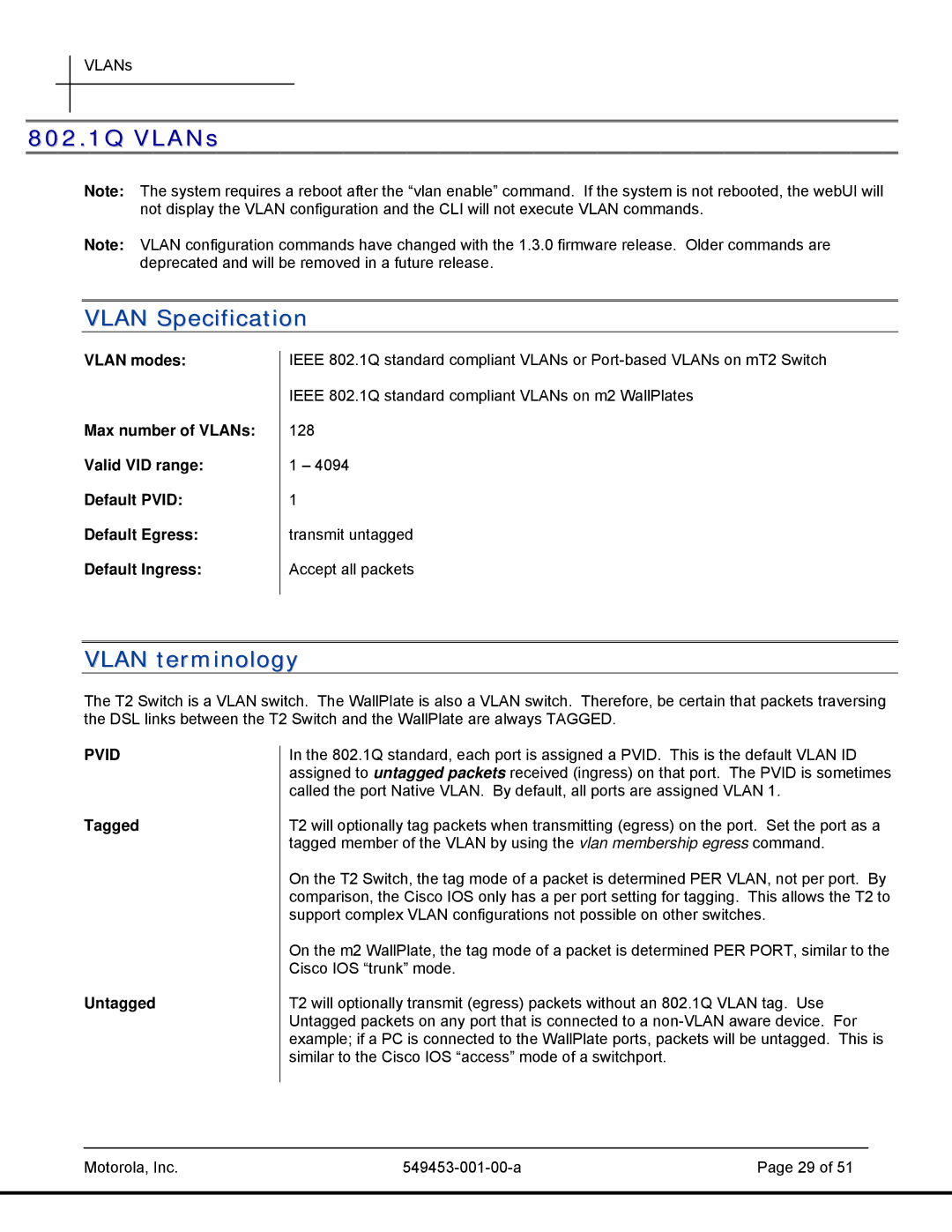 Motorola 45101, T2-2500 manual 802.1Q VLANs, Vlan Specification, Vlan terminology, Tagged Untagged 