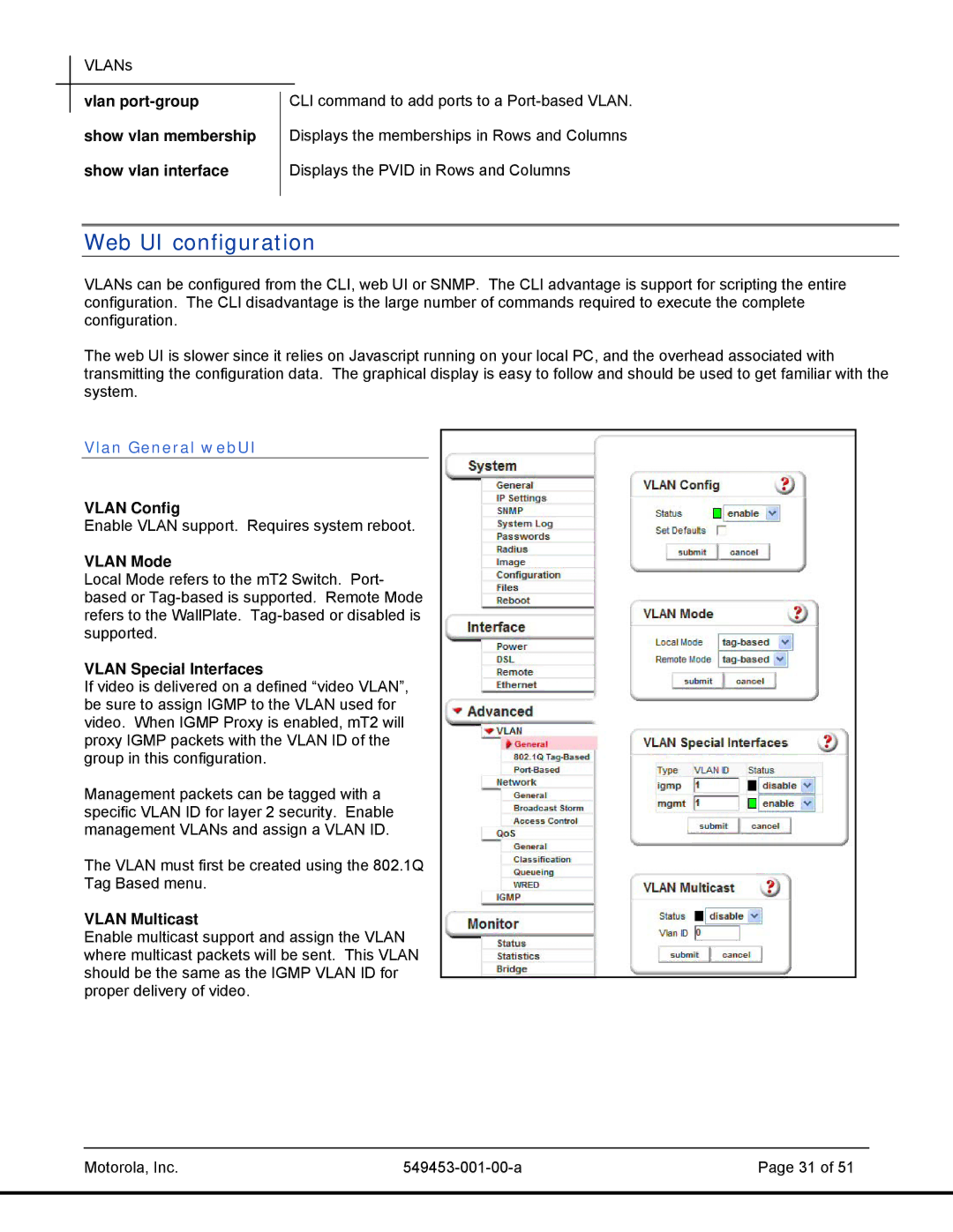 Motorola 45101, T2-2500 manual Web UI configuration, Vlan General webUI 