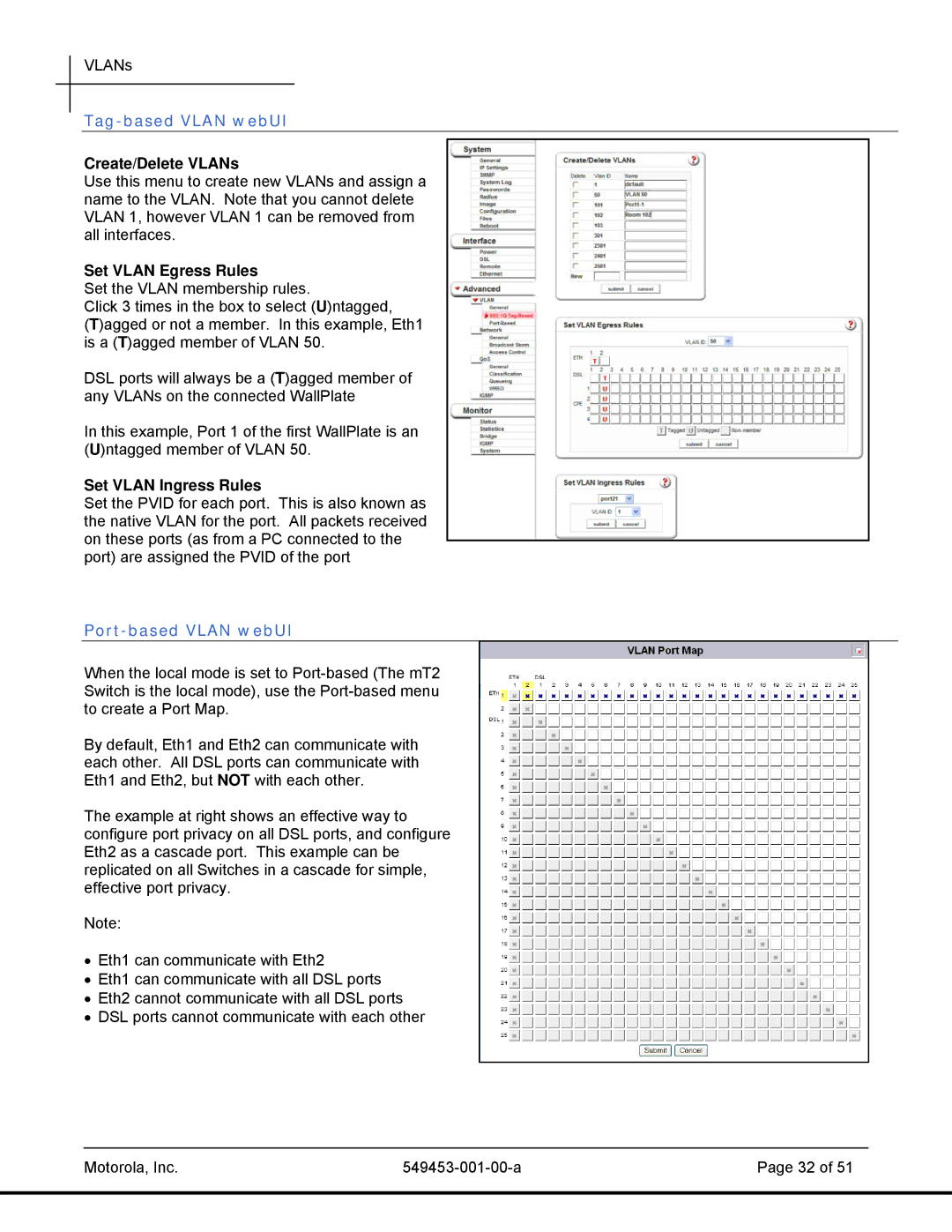 Motorola T2-2500, 45101 manual Tag-based Vlan webUI, Create/Delete VLANs, Set Vlan Egress Rules, Set Vlan Ingress Rules 