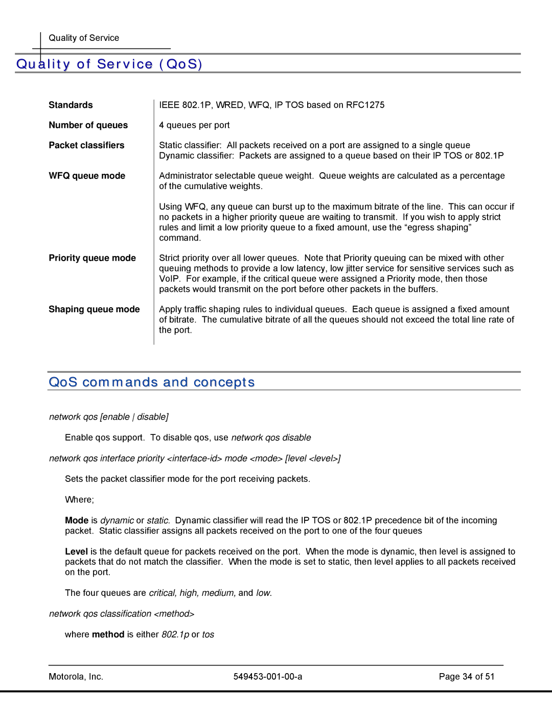 Motorola T2-2500, 45101 manual Quality of Service QoS, QoS commands and concepts 