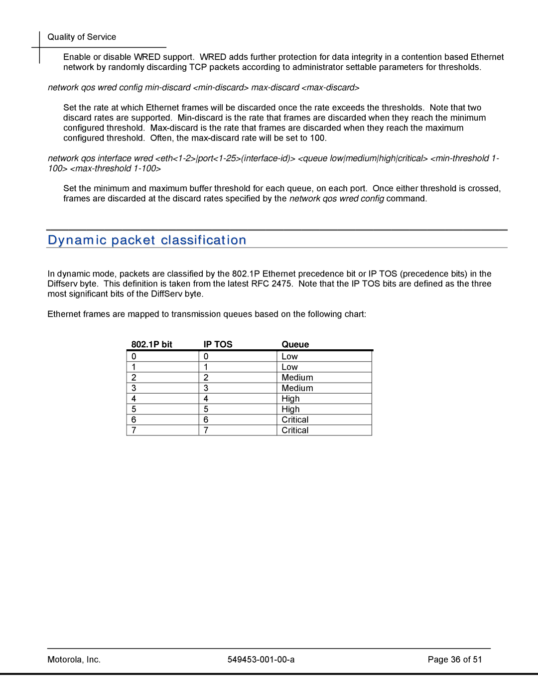 Motorola T2-2500, 45101 manual Dynamic packet classification, 802.1P bit, Queue 