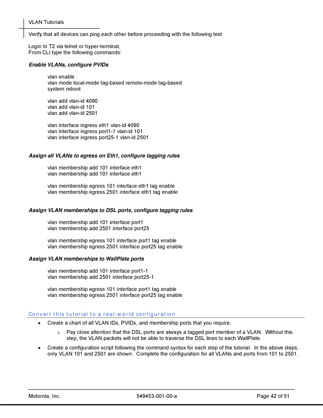 Motorola T2-2500, 45101 manual Enable VLANs, configure PVIDs, Convert this tutorial to a real-world configuration 