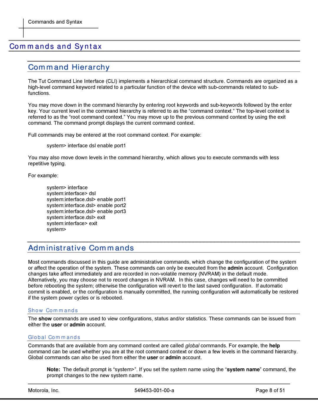 Motorola T2-2500, 45101 Commands and Syntax, Command Hierarchy, Administrative Commands, Show Commands, Global Commands 