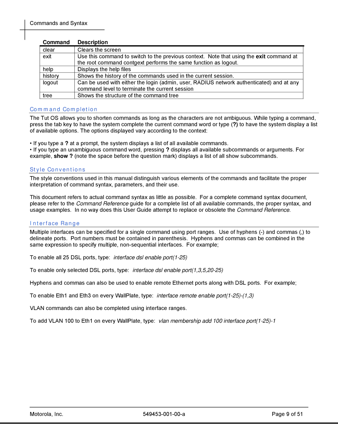 Motorola 45101, T2-2500 manual Command Description, Command Completion, Style Conventions, Interface Range 