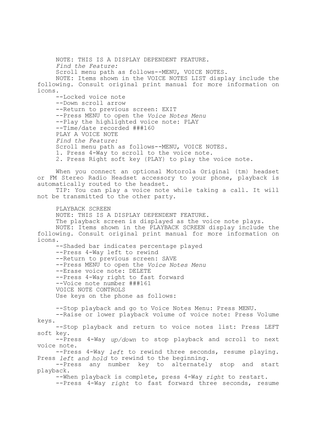 Motorola T280i Scroll menu path as follows--MENU, Voice Notes, Play a Voice Note, Playback Screen, Voice Note Controls 