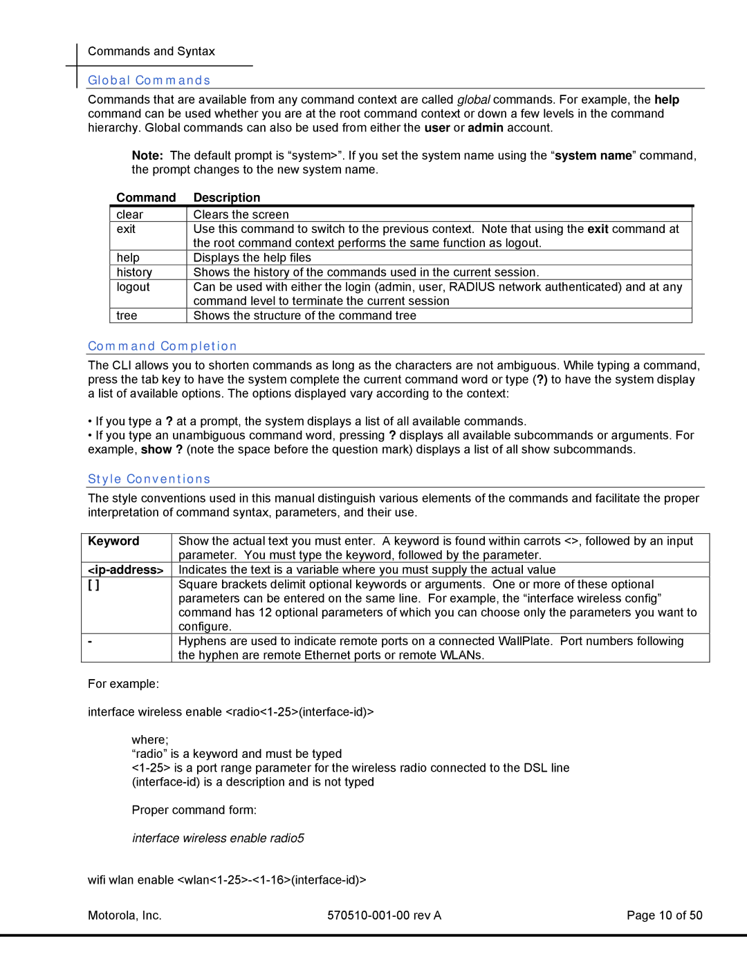 Motorola T3 Power Broadband manual Global Commands, Command Completion, Style Conventions 