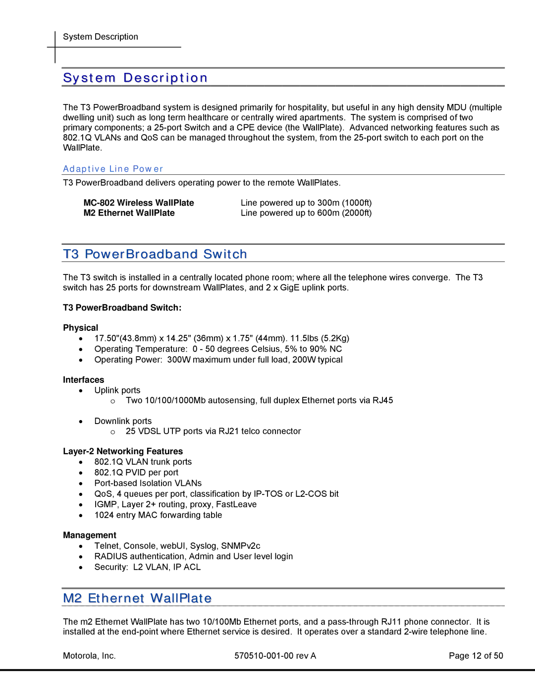 Motorola T3 Power Broadband manual System Description, T3 PowerBroadband Switch, M2 Ethernet WallPlate, Adaptive Line Power 