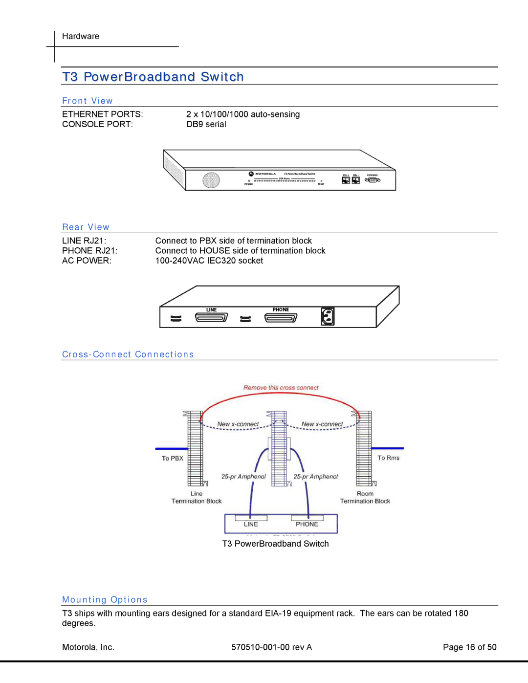 Motorola T3 Power Broadband manual Front View, Rear View, Cross-Connect Connections, Mounting Options 