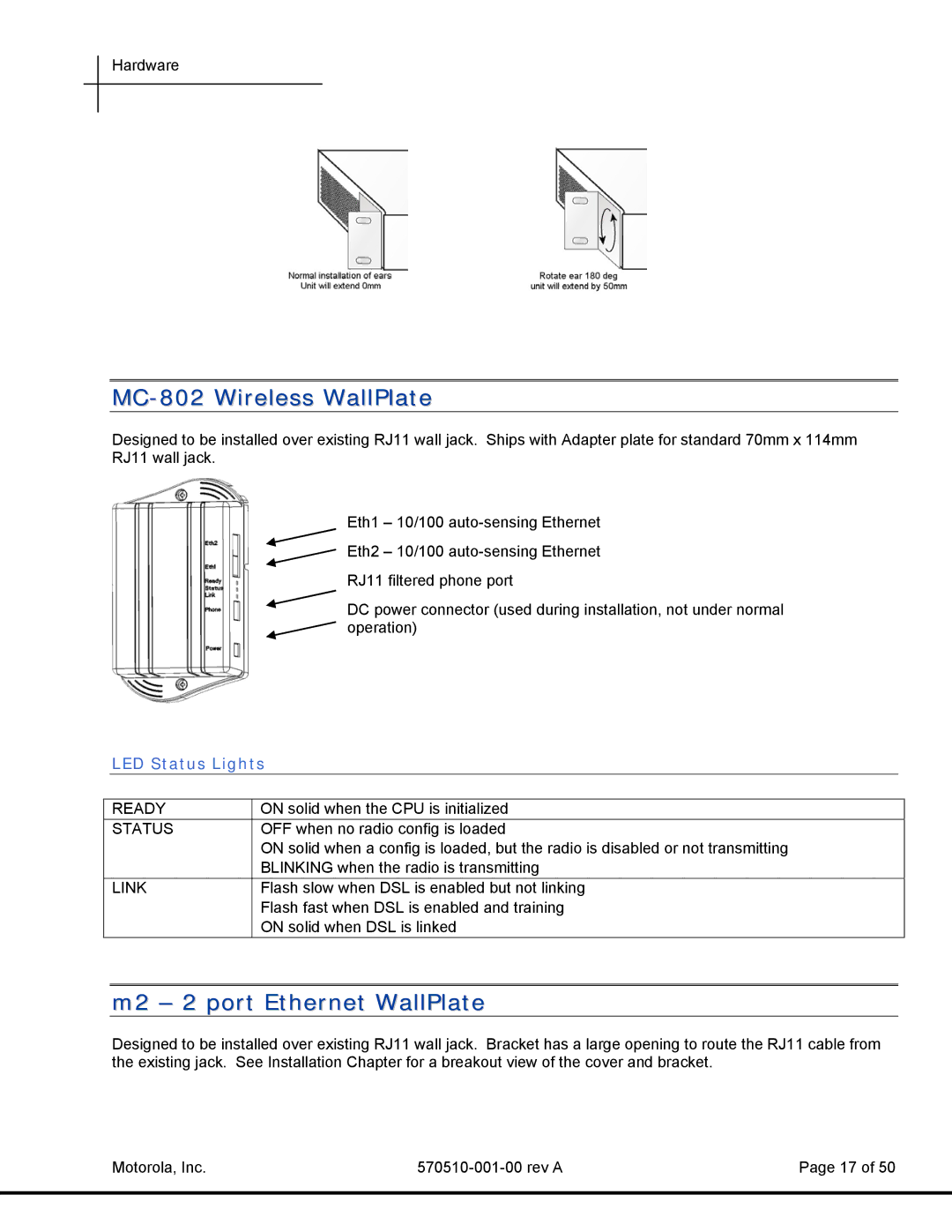 Motorola T3 Power Broadband manual M2 2 port Ethernet WallPlate, LED Status Lights 