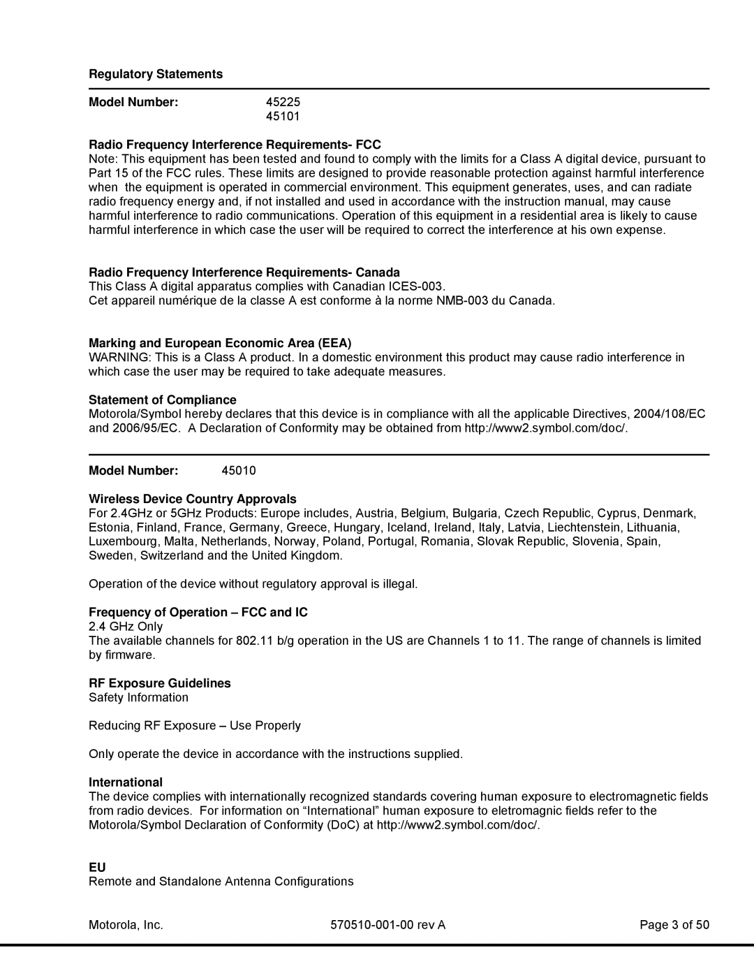 Motorola T3 Power Broadband Regulatory Statements Model Number45225, Frequency of Operation FCC and IC, International 