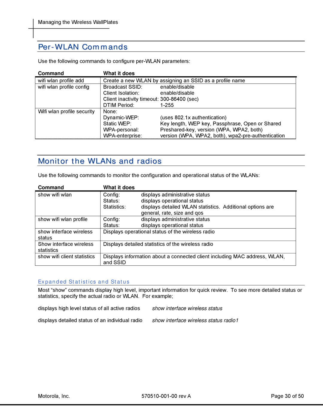 Motorola T3 Power Broadband manual Per-WLAN Commands, Monitor the WLANs and radios, Expanded Statistics and Status 