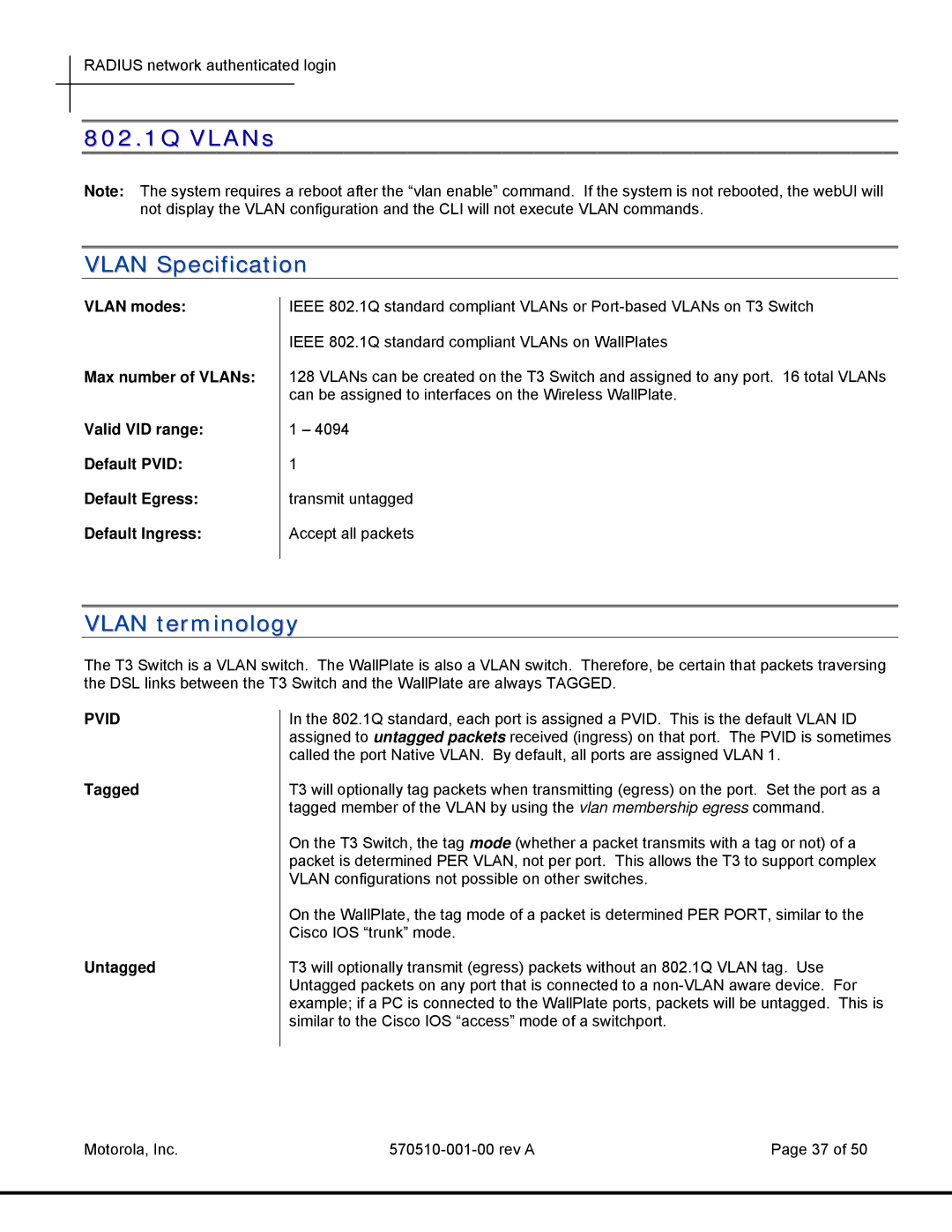 Motorola T3 Power Broadband manual 802.1Q VLANs, Vlan Specification, Vlan terminology, Tagged Untagged 