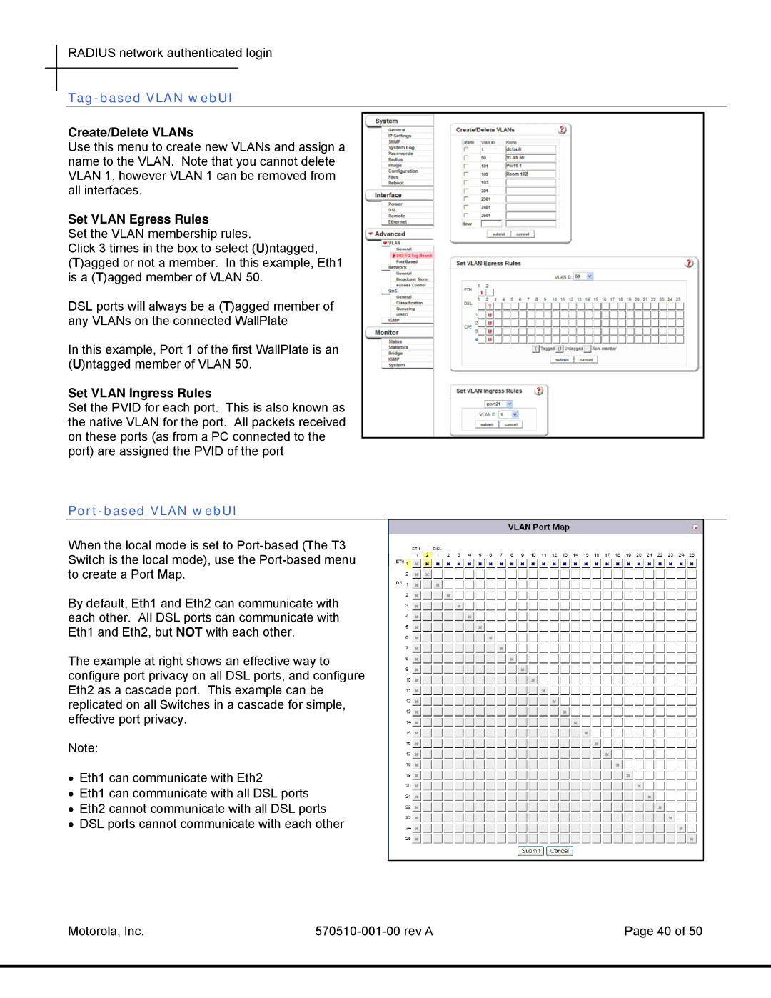 Motorola T3 Power Broadband manual Tag-based Vlan webUI, Create/Delete VLANs, Set Vlan Egress Rules, Set Vlan Ingress Rules 