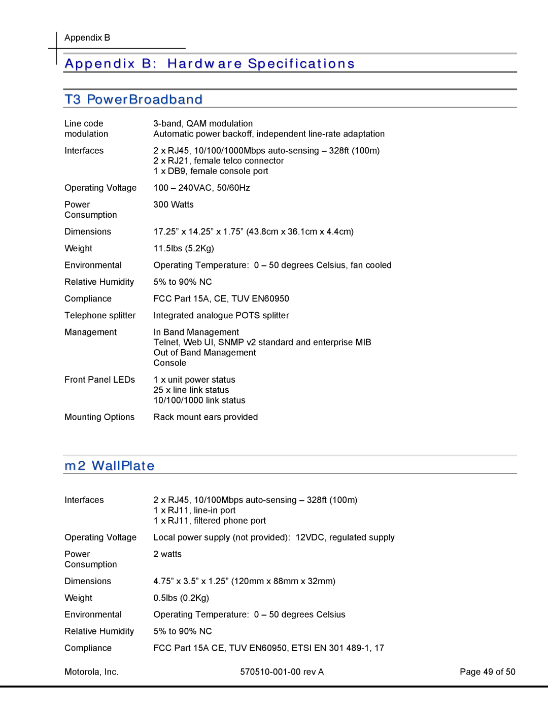 Motorola T3 Power Broadband manual Appendix B Hardware Specifications, T3 PowerBroadband, M2 WallPlate 