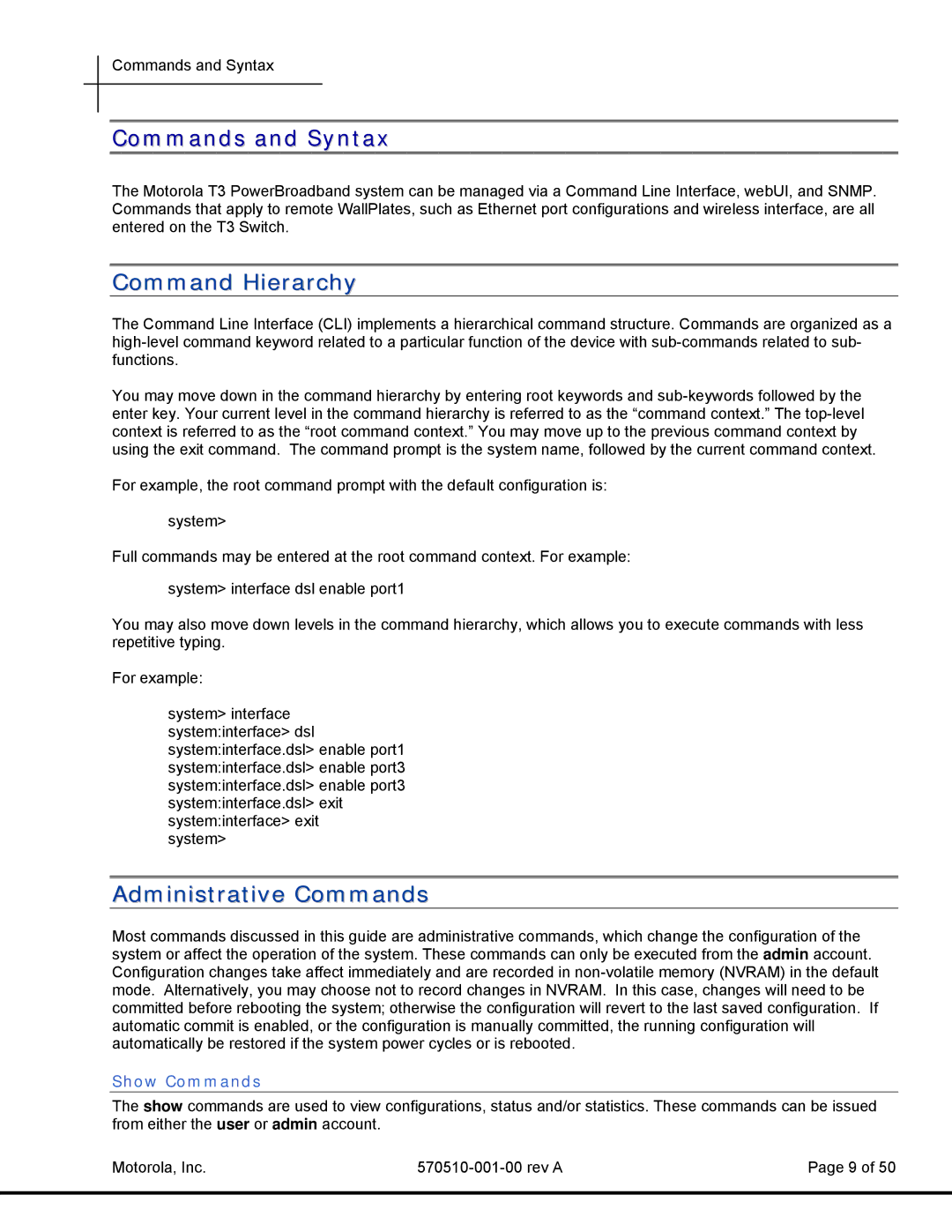 Motorola T3 Power Broadband manual Commands and Syntax, Command Hierarchy, Administrative Commands, Show Commands 