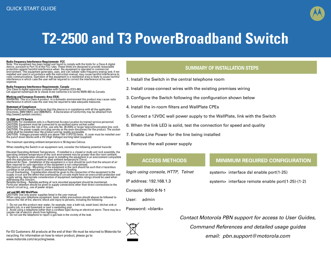 Motorola quick start T2-2500 and T3 PowerBroadband Switch, Summary of Installation Steps, Access Methods 