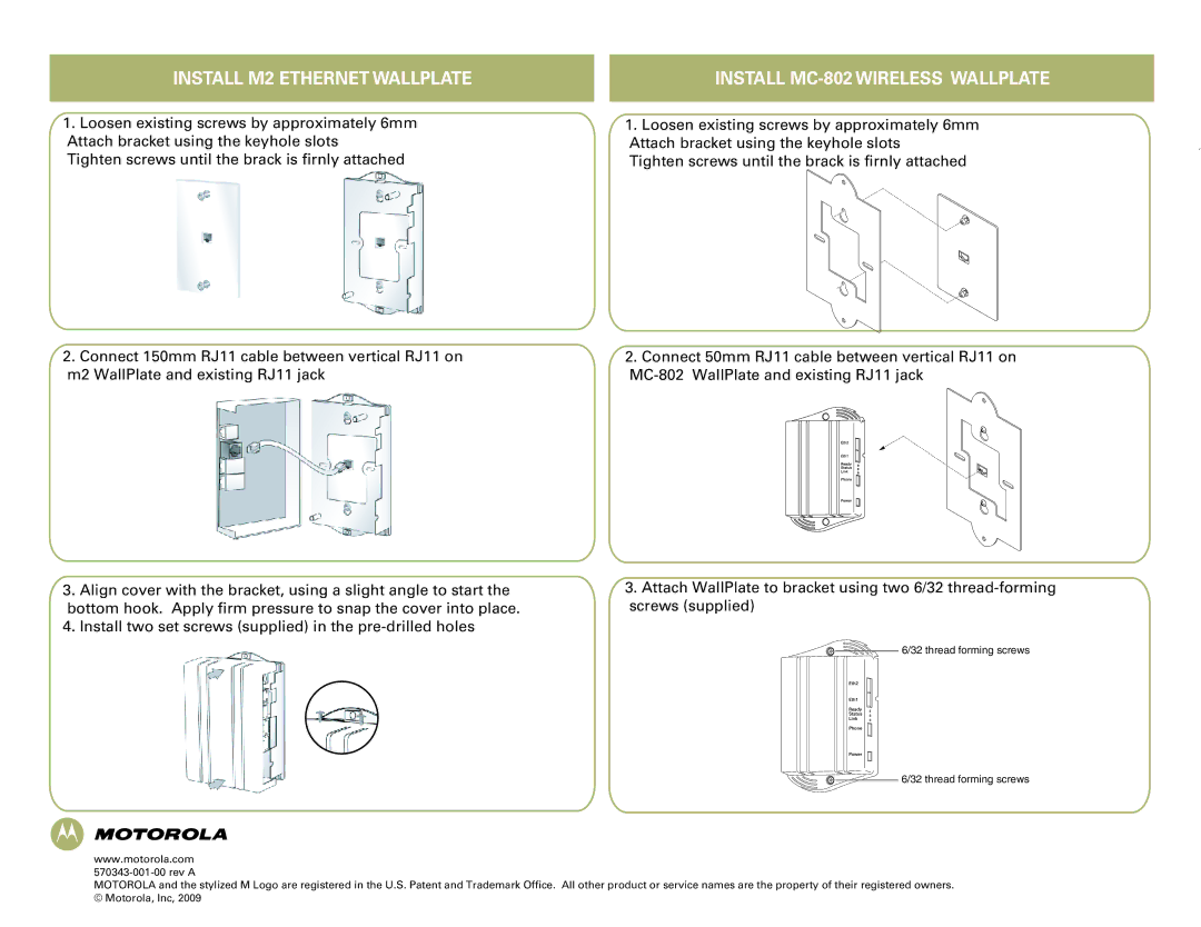 Motorola T3 quick start Install M2 Ethernet Wallplate, Install MC-802 Wireless Wallplate 