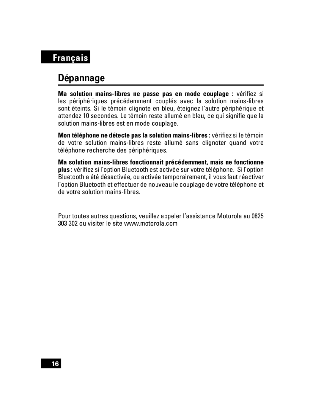 Motorola T305 manual Dépannage 