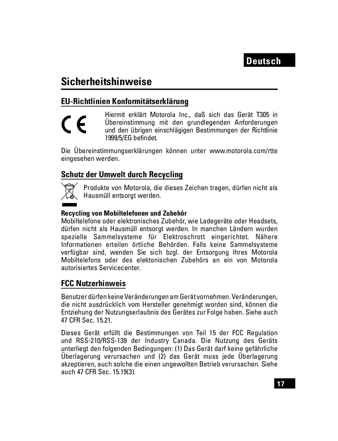 Motorola T305 manual Sicherheitshinweise, EU-Richtlinien Konformitätserklärung, Schutz der Umwelt durch Recycling 