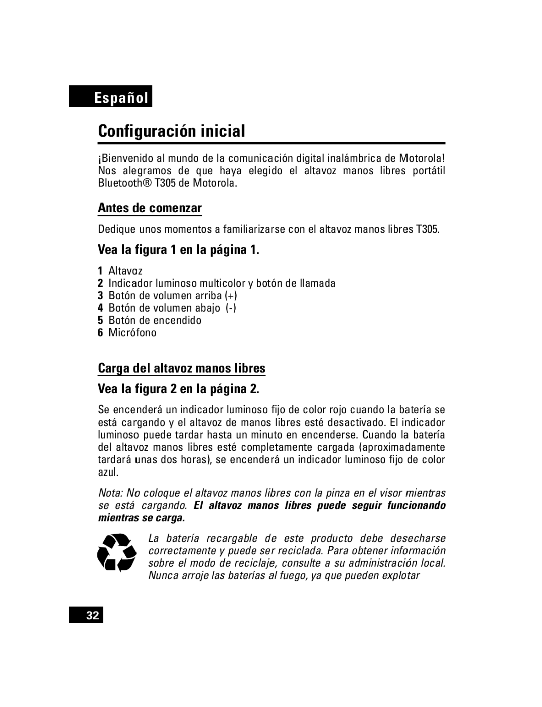 Motorola T305 manual Configuración inicial, Antes de comenzar, Vea la figura 1 en la página 