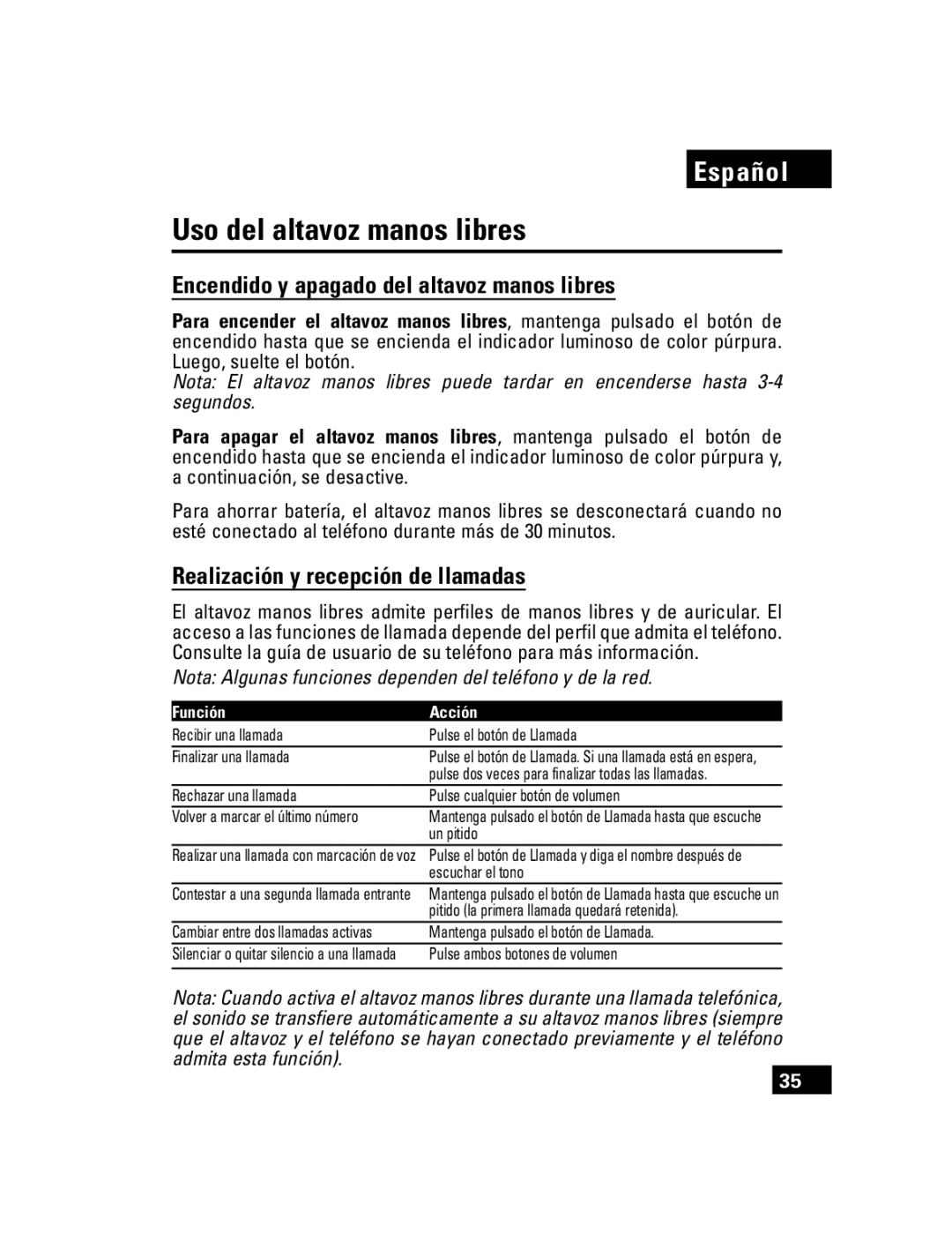 Motorola T305 manual Uso del altavoz manos libres, Encendido y apagado del altavoz manos libres, Función Acción 